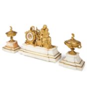 A 19TH CENTURY FRENCH GILT-BRONZE AND MARBLE CLOCK GARNITURE