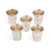 FIVE 19TH CENTURY RUSSIAN SILVER VODKA CUPS