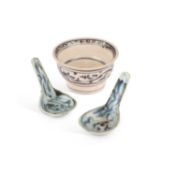 A CHINESE BLUE AND WHITE BOWL AND TWO BLUE AND WHITE SPOONS