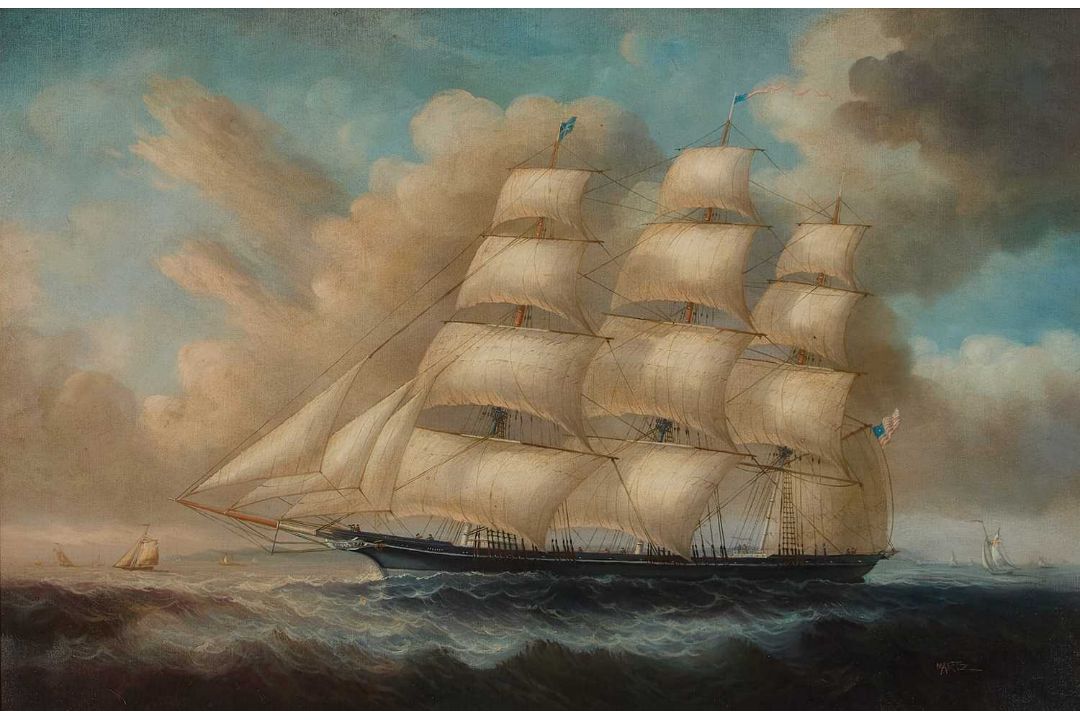 NARTZ (20TH CENTURY) AMERICAN TALL SHIP OFF THE COAST - Image 2 of 3
