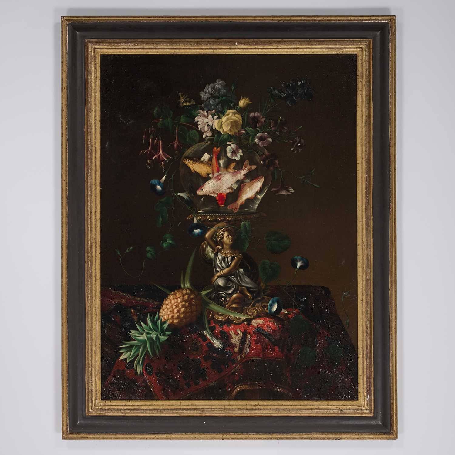 20TH CENTURY SCHOOL STILL LIFE OF TAZZA, GOLDFISH BOWL, FRUIT AND FLOWERS