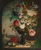 19TH CENTURY FRENCH SCHOOL STILL LIFE OF FLOWERS IN AN URN IN CLASSICAL LANDSCAPE