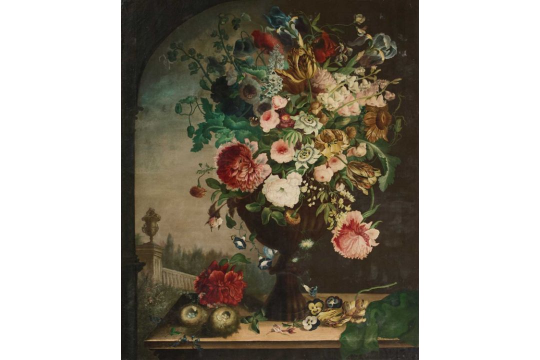 19TH CENTURY FRENCH SCHOOL STILL LIFE OF FLOWERS IN AN URN IN CLASSICAL LANDSCAPE - Image 1 of 3