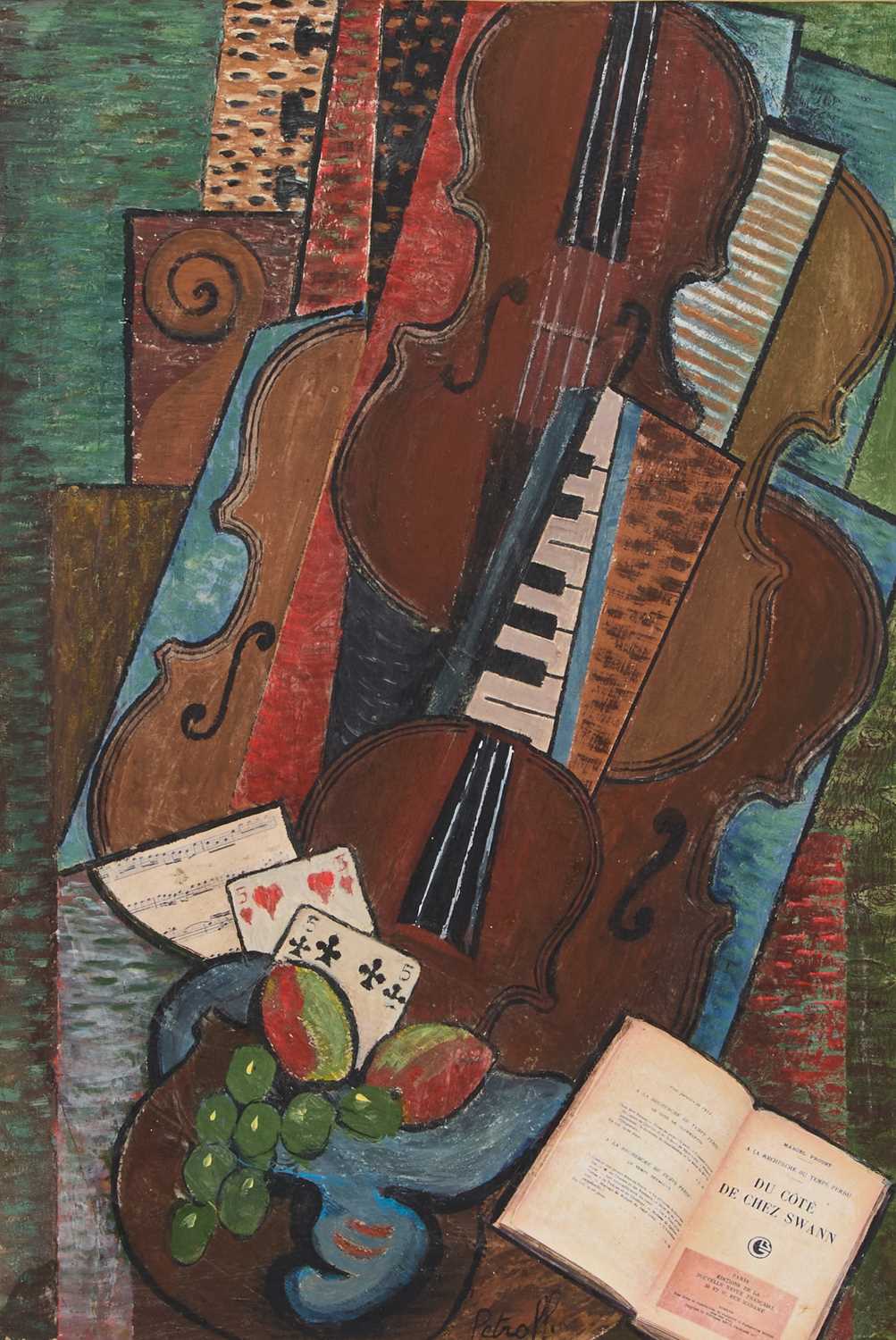 PETROFF (RUSSIAN 20TH CENTURY) CUBIST STILL LIFE OF MUSICAL INSTRUMENTS, CARDS AND FRUIT
