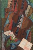 PETROFF (RUSSIAN 20TH CENTURY) CUBIST STILL LIFE OF MUSICAL INSTRUMENTS, CARDS AND FRUIT