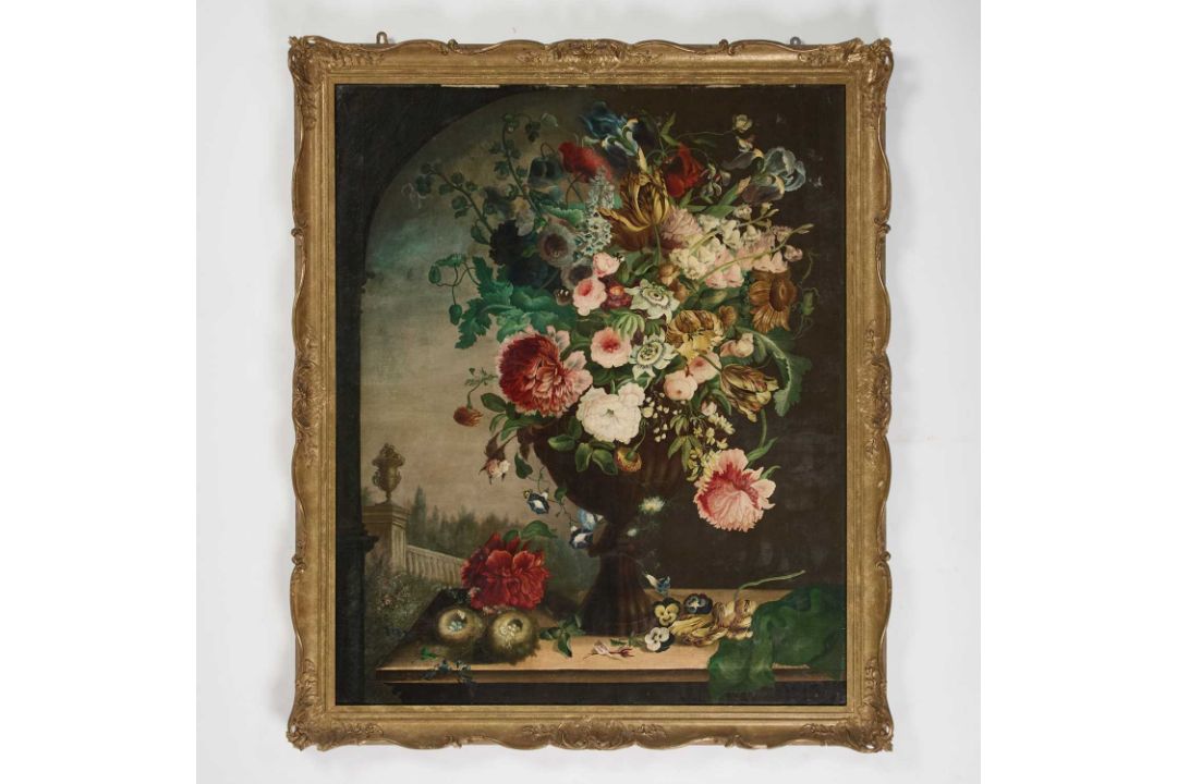 19TH CENTURY FRENCH SCHOOL STILL LIFE OF FLOWERS IN AN URN IN CLASSICAL LANDSCAPE - Image 2 of 3