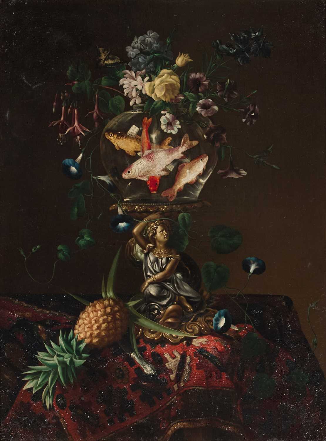 20TH CENTURY SCHOOL STILL LIFE OF TAZZA, GOLDFISH BOWL, FRUIT AND FLOWERS - Image 2 of 3