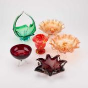 TWO CARNIVAL GLASS BOWLS AND FOUR ART GLASS BOWLS