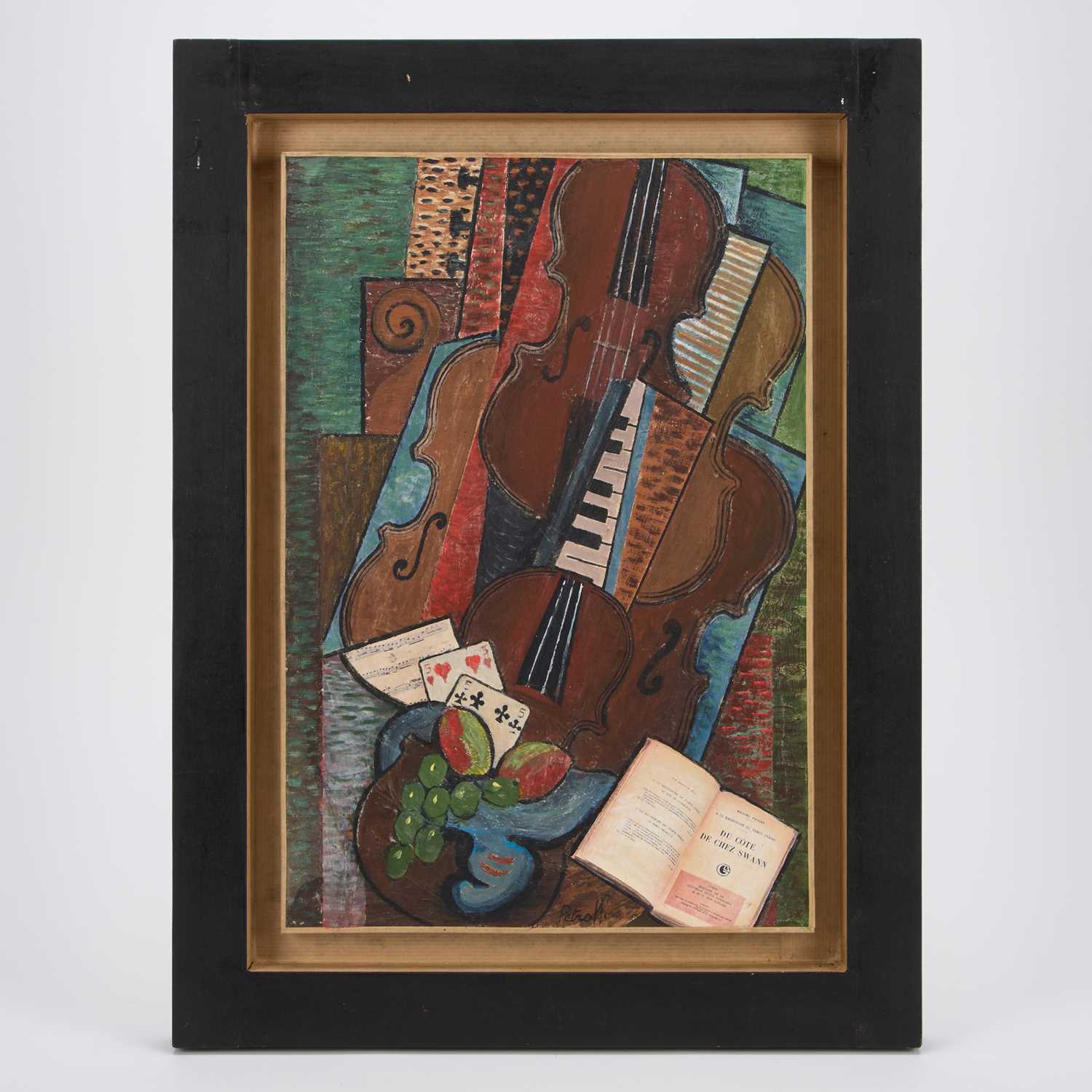 PETROFF (RUSSIAN 20TH CENTURY) CUBIST STILL LIFE OF MUSICAL INSTRUMENTS, CARDS AND FRUIT - Image 2 of 2