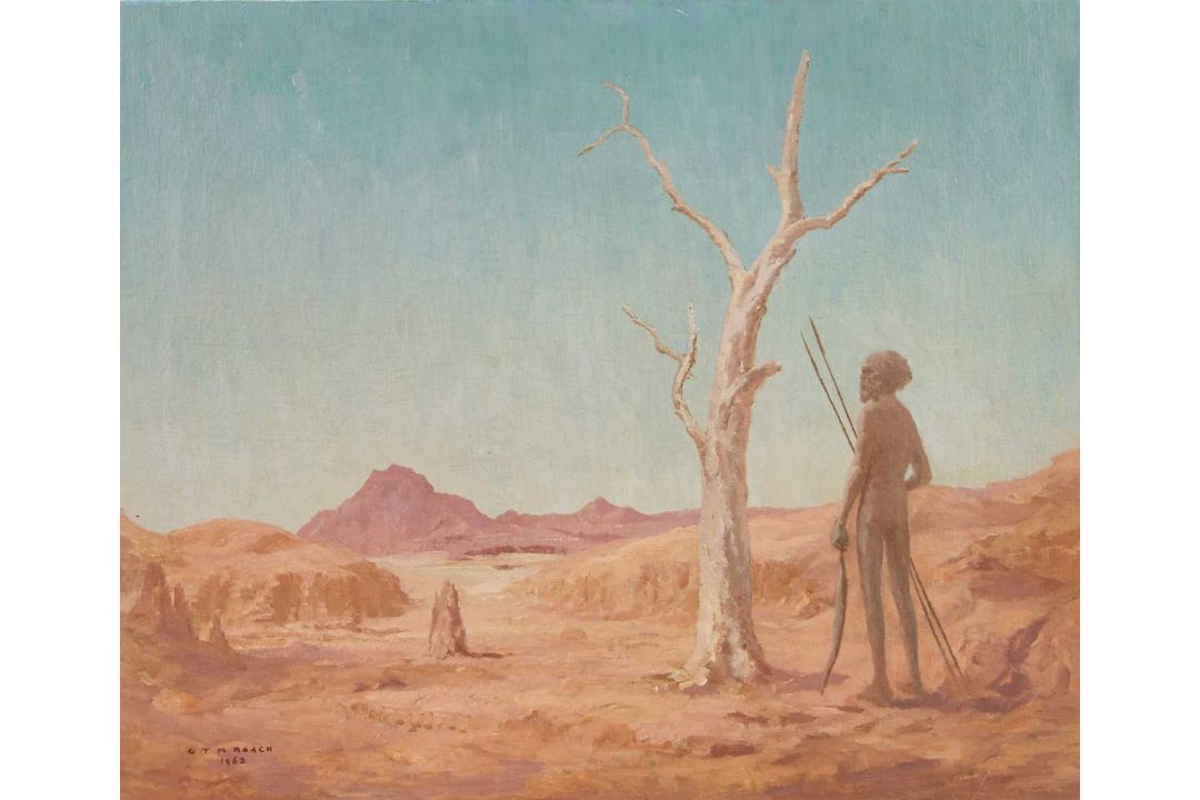 GILBERT THOMAS MEREDITH ROACH (AUSTRALIAN 1895-1978) AN ABORIGINAL HUNTSMAN IN A LANDSCAPE - Image 1 of 2