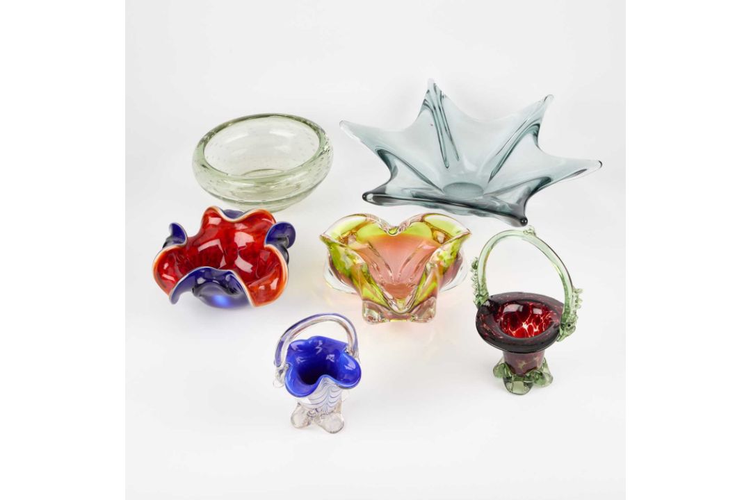 SIX ART GLASS BOWLS/ BASKETS