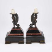 A PAIR OF LATE 19TH CENTURY EGYPTIAN REVIVAL BRONZE AND MARBLE CANDLESTICKS
