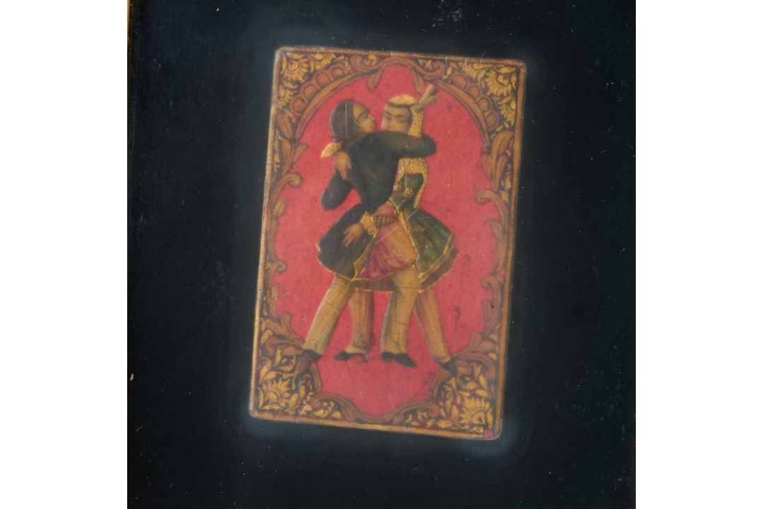 A PAIR OF LACQUER PLAYING CARDS DEPICTING FIGURES IN EROTIC EMBRACES, QAJAR, PERSIA, 19TH CENTURY - Image 3 of 4