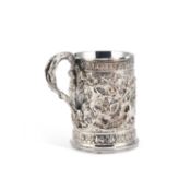 A LARGE 19TH CENTURY SILVER-PLATED MUG OF MILITARY INTEREST