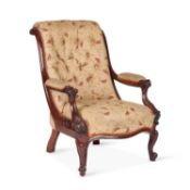 A VICTORIAN ROSEWOOD AND UPHOLSTERED ARMCHAIR
