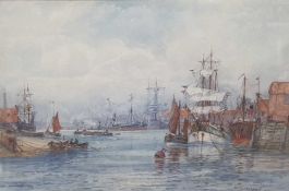 FRANK WILLIAM SCARBROUGH (1860-1939) SHIPPING IN A BUSY DOCK