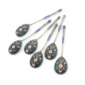 A SET OF SIX 19TH CENTURY RUSSIAN SILVER AND CLOISONNÉ ENAMEL SPOONS