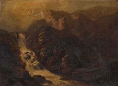 19TH CENTURY ENGLISH SCHOOL FIGURES IN A WATERFALL LANDSCAPE