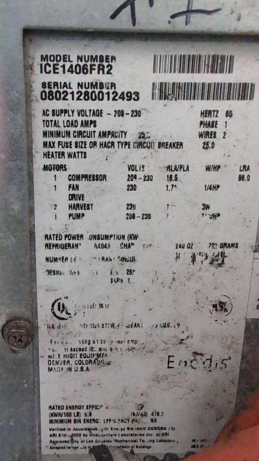 Ice o matic Commercial ice machineModel ICE 1406fr2 cube ice working when removed from service - Image 10 of 12