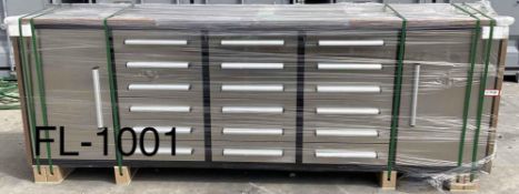 Unused 2024 10 FT Work Bench with 18 Drawers & 2 Cabinets