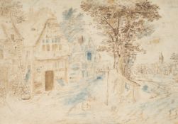 Nach BRUEGHEL (*1568), Dorfplatz mit Fachwerkhäusern, um 1650, Feder Renaissance