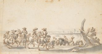 G. RUGENDAS (1666-1742) Umkreis, Reiterzug am Fluss, Feder Klassizismus Militär