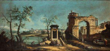 Scuola veneta, secolo XVIII - Dipinti / River landscape with classical ruins and bystanders