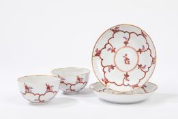 Pair of polychrome porcelain cups with saucer. Manufacture of Geminiano Cozzi Venice, circa 1770