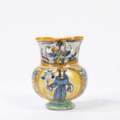 Polychrome majolica ewer. Deruta manufacture first half of the 17th century