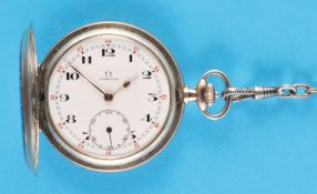 Omega tula silver pocket watch with sprung cover and tula silver chain with gold-plated intermediate
