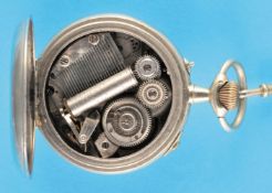 Musical pocket watch with reed movement and nickel pocket watch chain, movement signed with factory