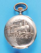Recta motif clock with depiction of a steam locomotive, reliefed 800 silver case with artist's signa