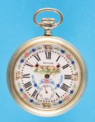 Sandoz metal pocket watch with agricultural decor featuring a farm and cows at the trough,