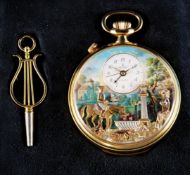 Reuge music pocket watch with alarm, automaton and musical movement, gold-plated case, can be opened