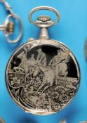 Large Doxa Anti-Magnetique pocket watch with equestrian motif, niello nickel case with military ride
