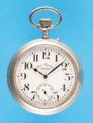 Large railwayman's pocket watch, Doxa Anti-Magnétique, nickel case with depiction of an early steam