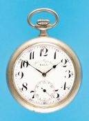 Large Doxa Anti-Magnetique pocket watch with depiction of a Swiss electric railroad in front of a mo