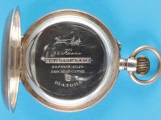 Very large silver pocket watch for the Russian market with sprung cover, signed Billodes in the case