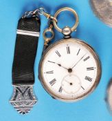 Silver pocket watch with cylinder movement and key winding, engine-turned case with empty monogram c
