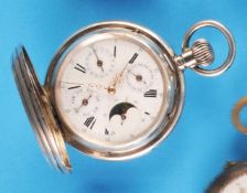 Silver pocket watch with sprung cover and moon phase calendar, case engraved with
