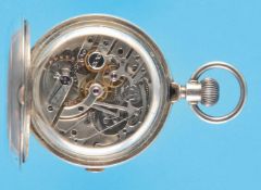 Large, heavy silver pocket watch with sprung cover and chronograph, on the cuvette sign. Andras Hube