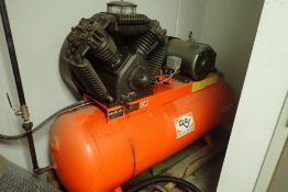 Lot of DeVilBiss VAV-5060 15hp Twin Head Air Compressor and Ridgid Shop Vacuum.
