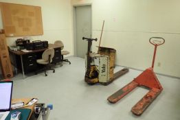 Lot of Desk, (2) Task Chairs, Stereo, Yale Electric Pallet Jack, Battery Charger and Pallet Jack.