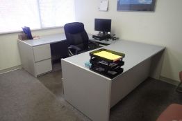 Lot of U-Shaped Desk, Task Chair, (2) Side Chairs, (2) File Cabinets, Framed Prints, etc.