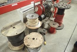 Lot of Asst. Wire, Metal Braided Cable, Welding Cable, Air Hose and Spool Rack.