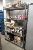 Lot of Metal Shelving Unit w/Asst. Welding Rod, Mig Wire, Ridgid Thread Cutting Oil, etc.