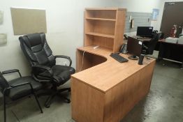 Lot of L-Shaped Desk, Task Chair, (2) Stack-On Bookcases, Side Chair and Coat Tree.