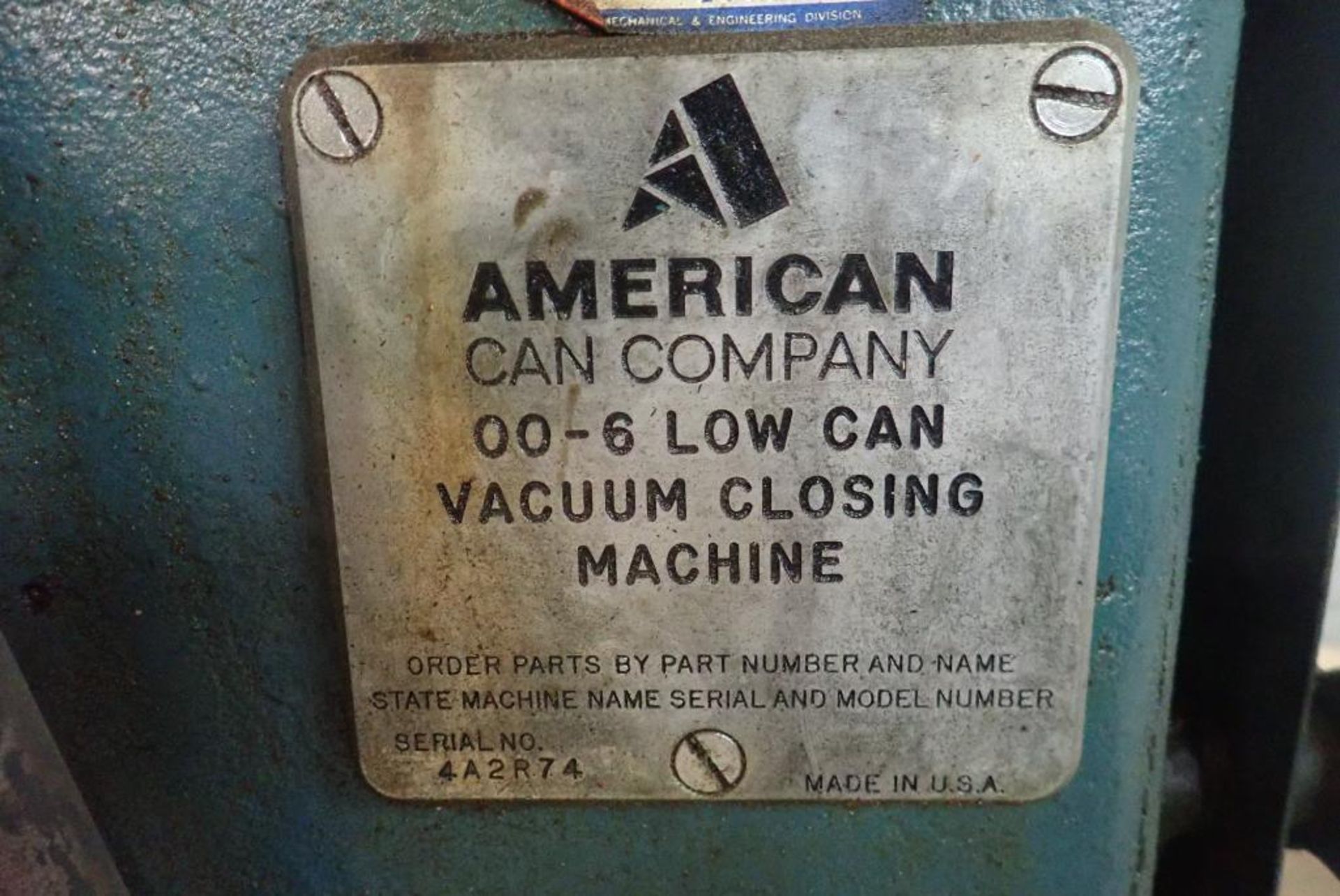 American Can Company Canco 00-6 Low Can Vacuum Closing Machine w/Vacuum Pump. - Image 3 of 3