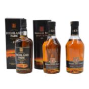 Highland Park, 12 year old, three bottlings of single Ornkey Island malt whisky