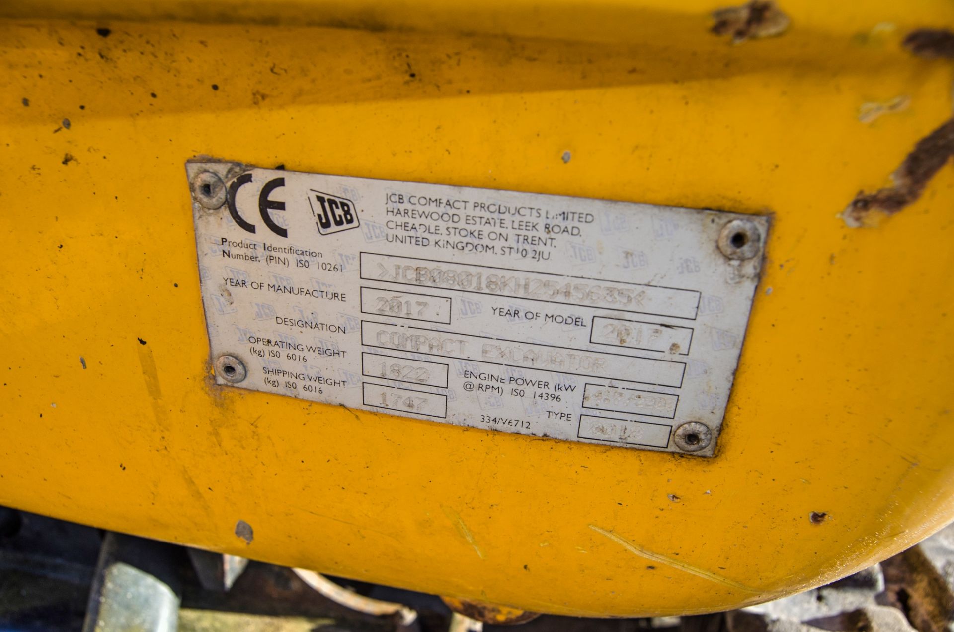 JCB 8018 CTS 1.5 tonne rubber tracked mini excavator Year: 2017 S/N: 2545635 Recorded Hours: 1385 - Image 26 of 26